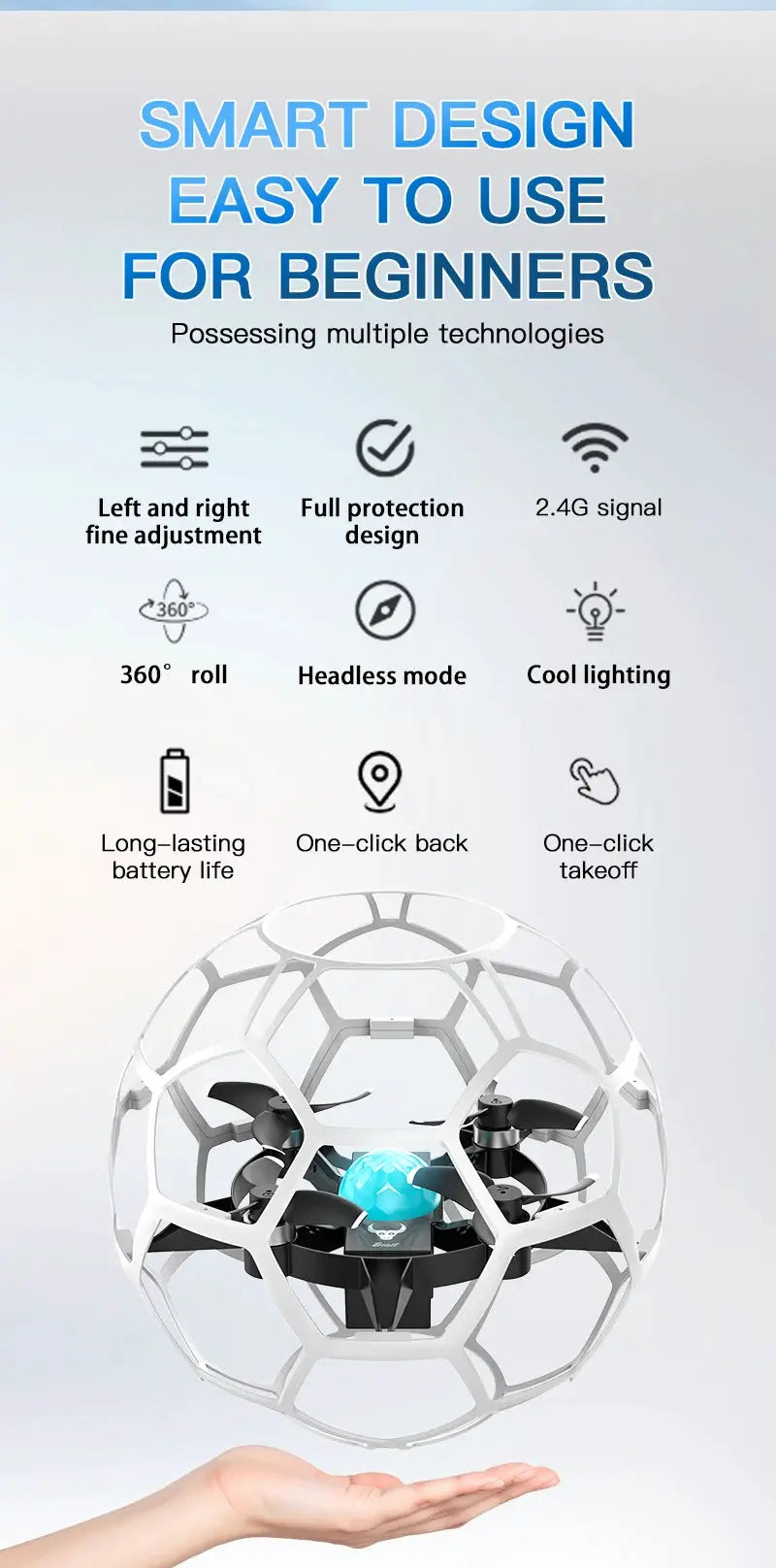 SG600 MAX 2.4G RC football drone with white protective spherical cage and blue LED core