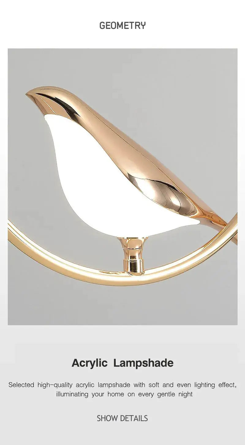Geometry rotatable magpie bird LED pendant light with acrylic lampshade in gold finish