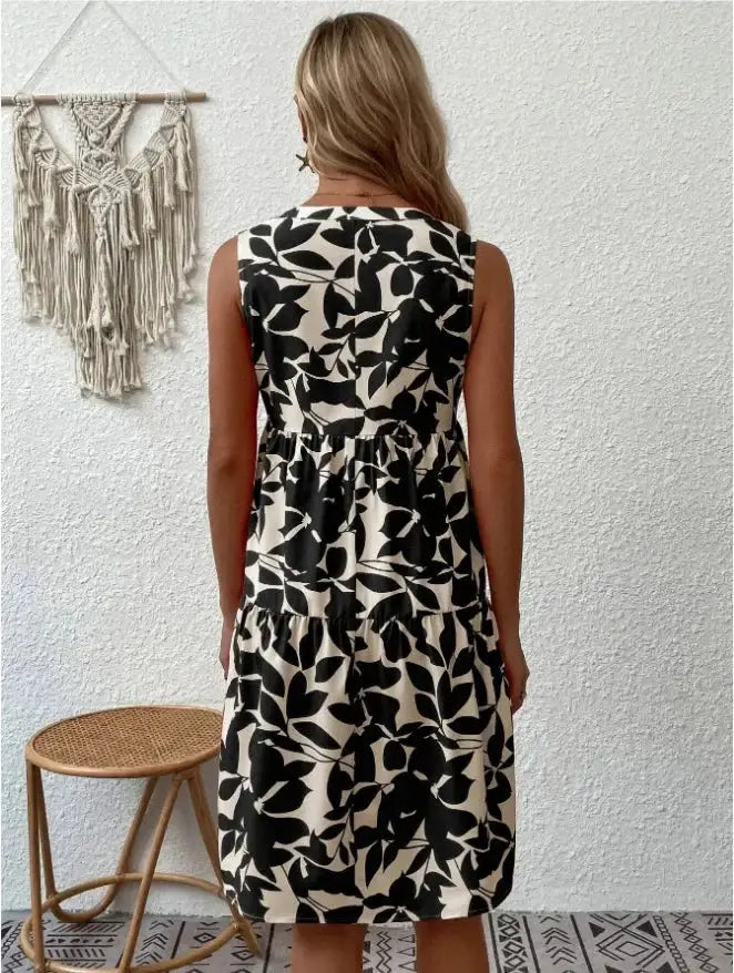 Women Boho Print Mini Dress Sleeveless V Neck Ruffle Beach Sundress