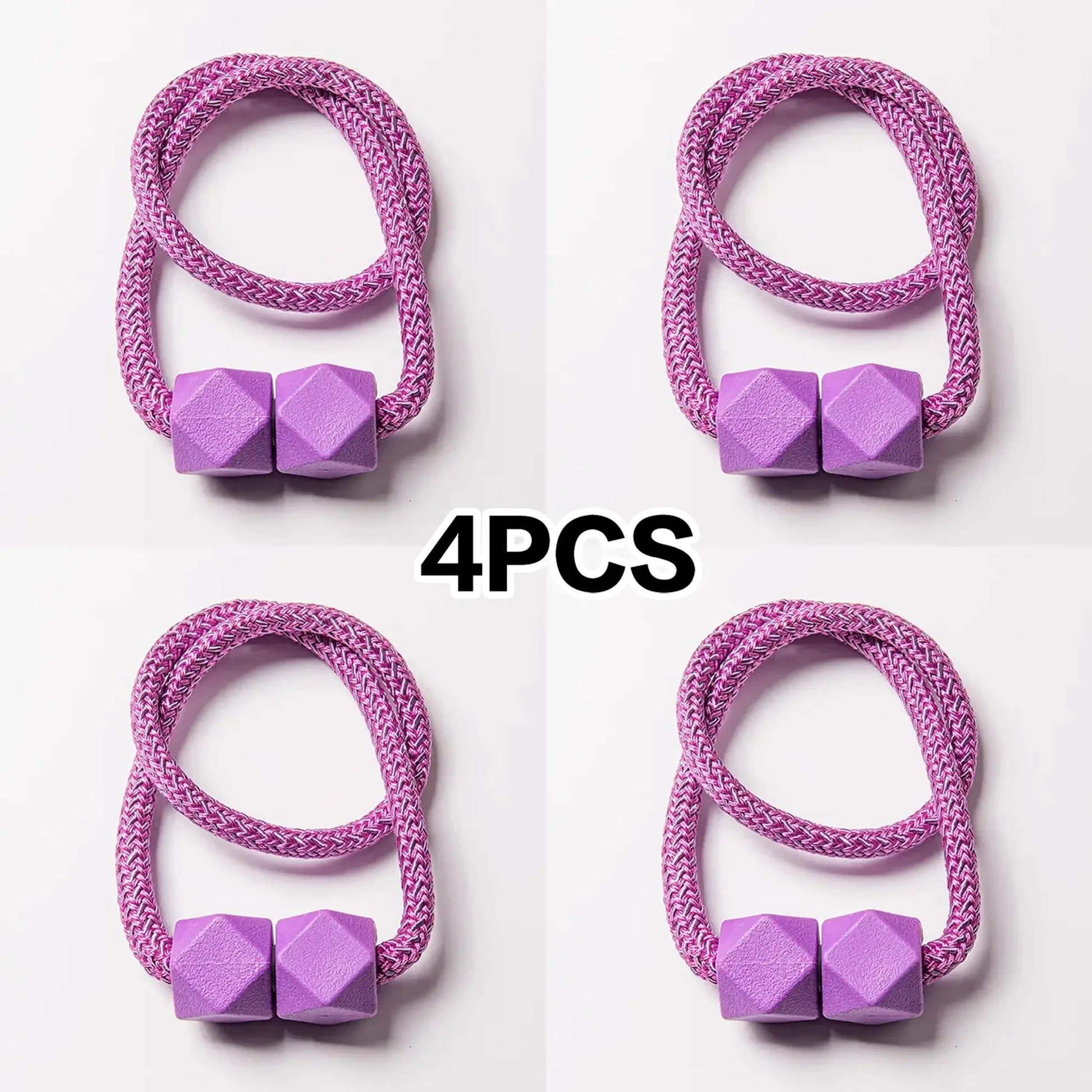 Curtain tiebacks, 4pcs, magnetic, pink braided rope with purple cube ends
