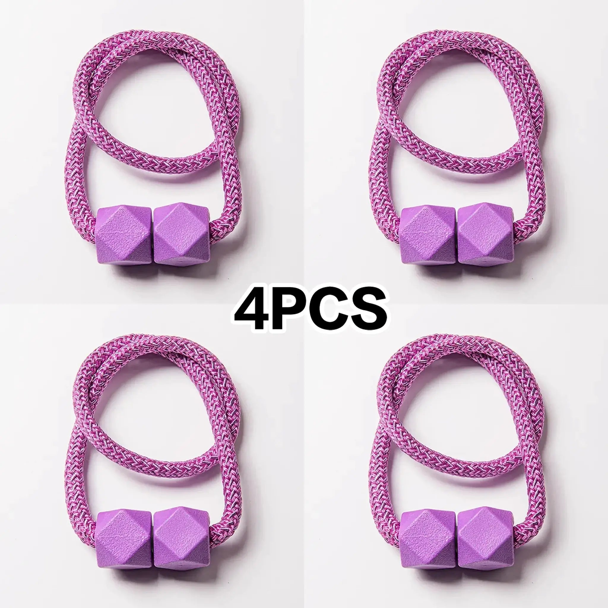 Curtain tiebacks, 4pcs, magnetic, pink braided rope with purple cube ends