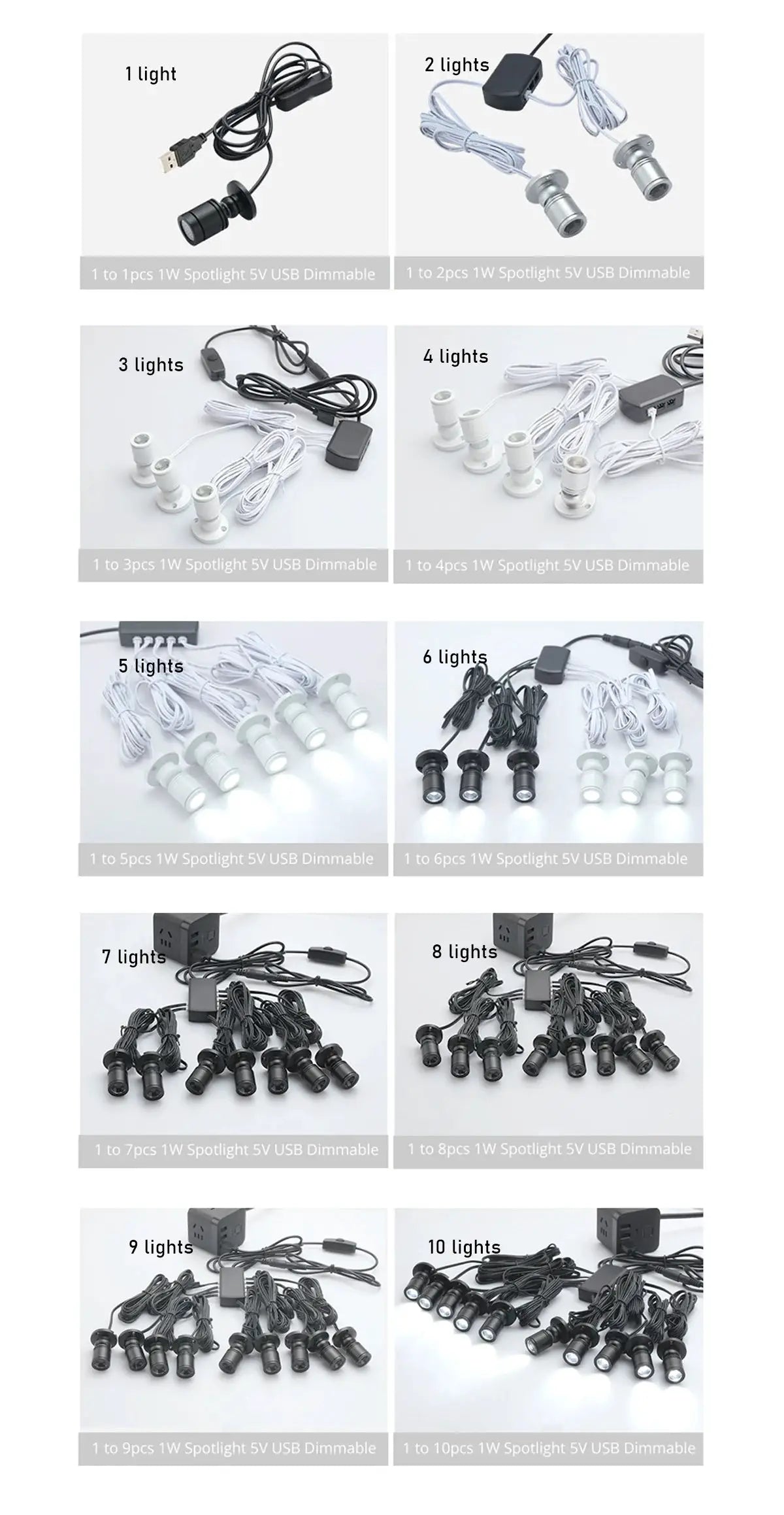 Dimmable LED cabinet lights USB 5V kit by Simples Market; 1–10 lights with driver.
