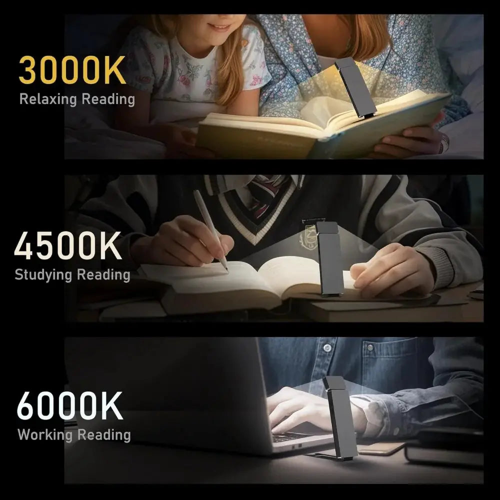 LED Rechargeable Clip-On Book Light by Simples Market; 3 color temps (3000K, 4500K, 6000K) with adjustable brightness.