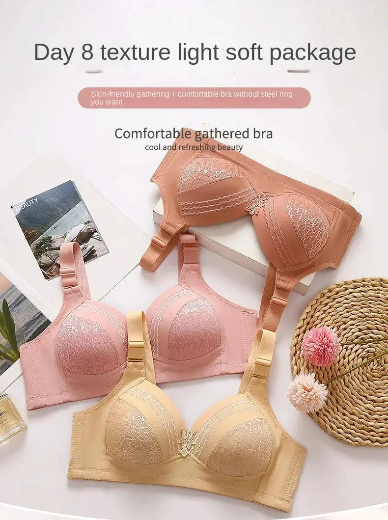 Simples Market women's lace bras, 3-pack in beige, pink, and peach; wireless, glossy cups.