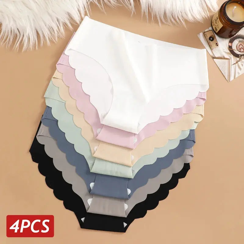 Ice silk seamless panties 4-piece set in solid colors with scalloped wavy sides