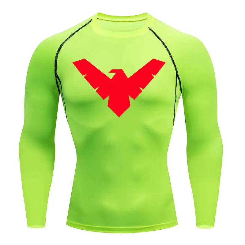 Men's neon lime long-sleeve compression athletic shirt with red chest logo