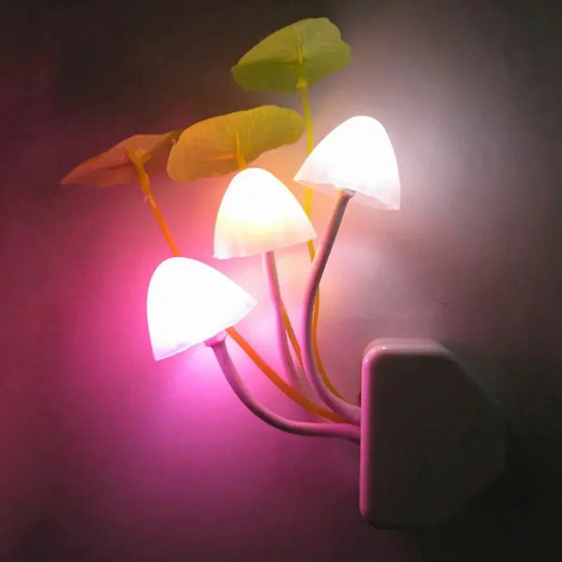 Novelty mushroom night light with four colorful LED caps on yellow stems, plug-in base (EU/US plug)