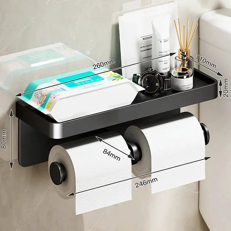 Simples Market aluminum alloy wall-mounted toilet paper holder with shelf; black finish, holds 2 rolls