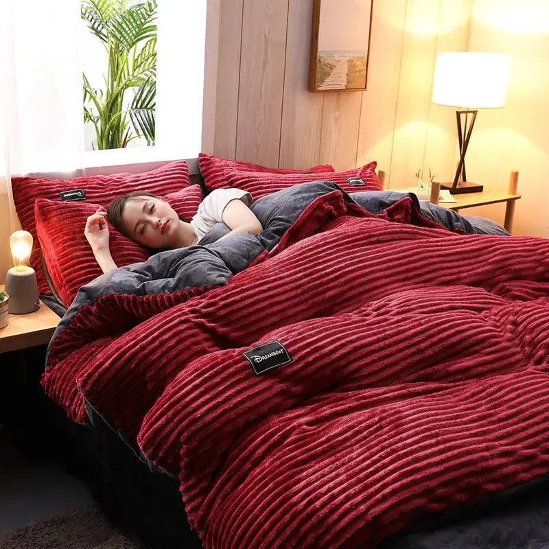 3pc red duvet cover bedding set with pillowcases in thick flano coral fleece for winter warmth