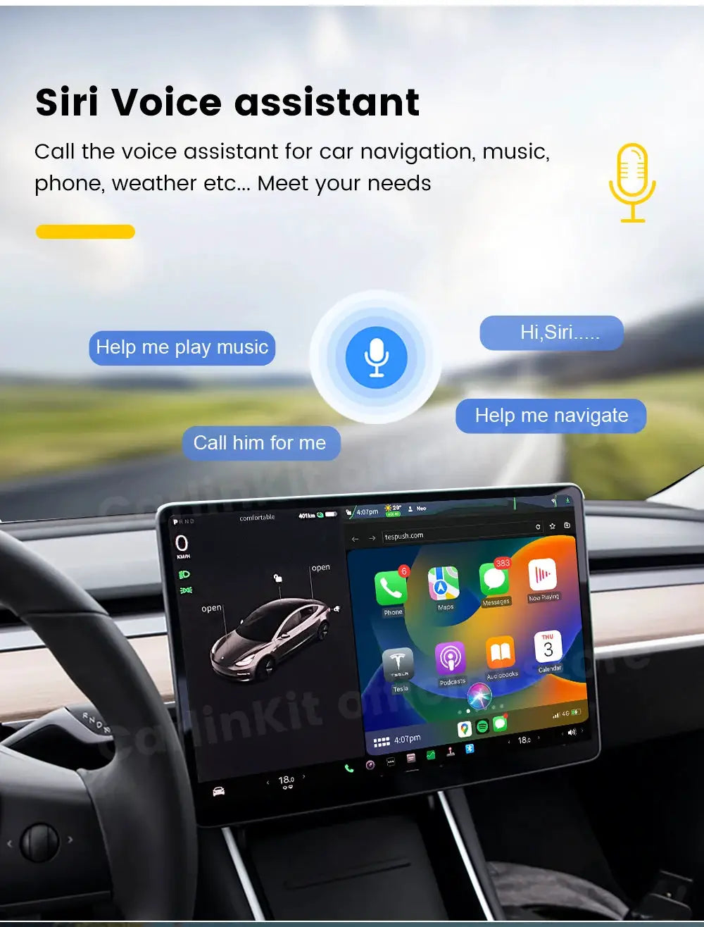 T2C CarlinKit wireless CarPlay/Android Auto for Tesla Model 3/Y, shown with Siri on a car display.