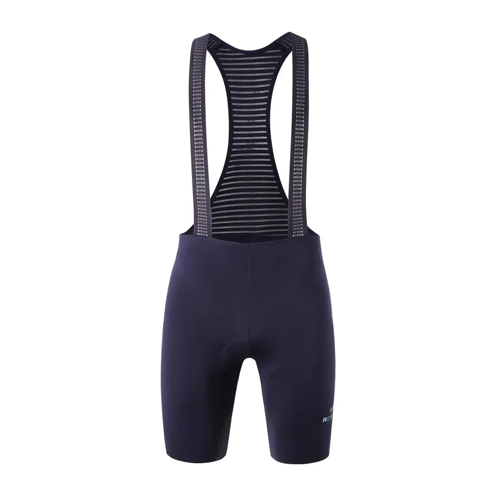 Men's navy cycling bib shorts with striped mesh bib straps and padded, breathable chamois