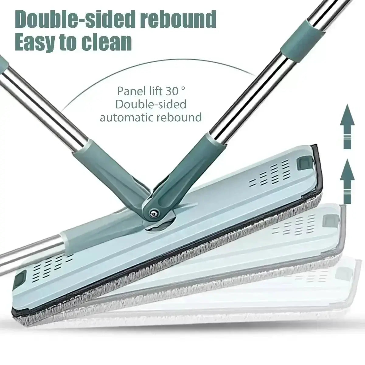 Flat squeeze mop with bucket by Simples Market; double-sided reversible head, teal handles, microfiber pads.