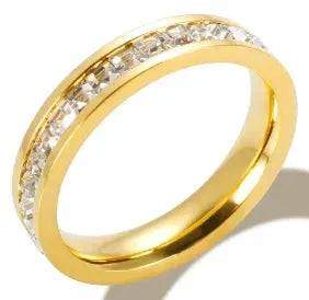 Gold Stainless Steel Ring With Round Bead And Clear Crystal Zircon Waterproof Everyday Fine Jewelry