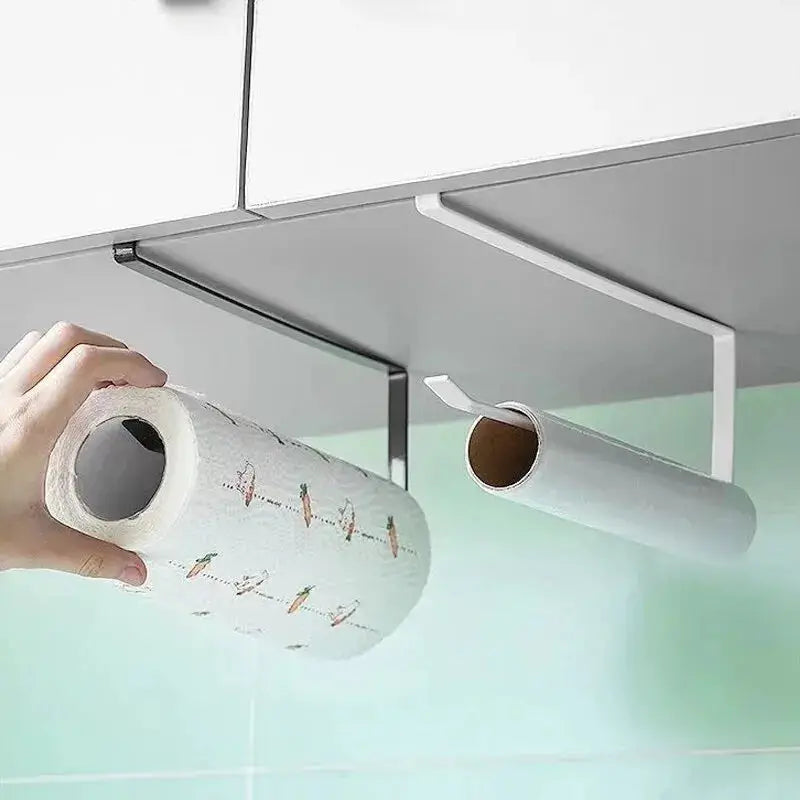 Paper Roll Holder Towel Rack Cling Film Storage Damage Free No Punching Installation Hanging Shelf Kitchen And Bathroom