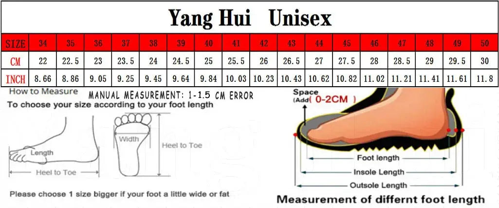 Yang Hui Unisex shoe size chart showing 34-50 table with cm/inch scales and foot-length diagrams.