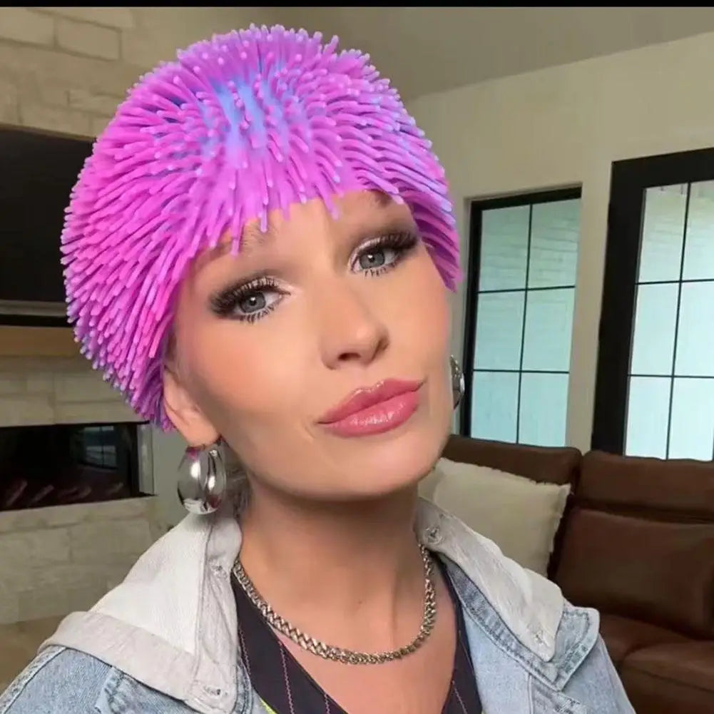 Spiky Ball Prank Hat, bright pink unisex headwear made of soft TPR for Halloween cosplay