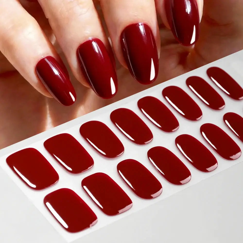 Nail sticker sheet in deep burgundy with glossy full-cover UV gel decals