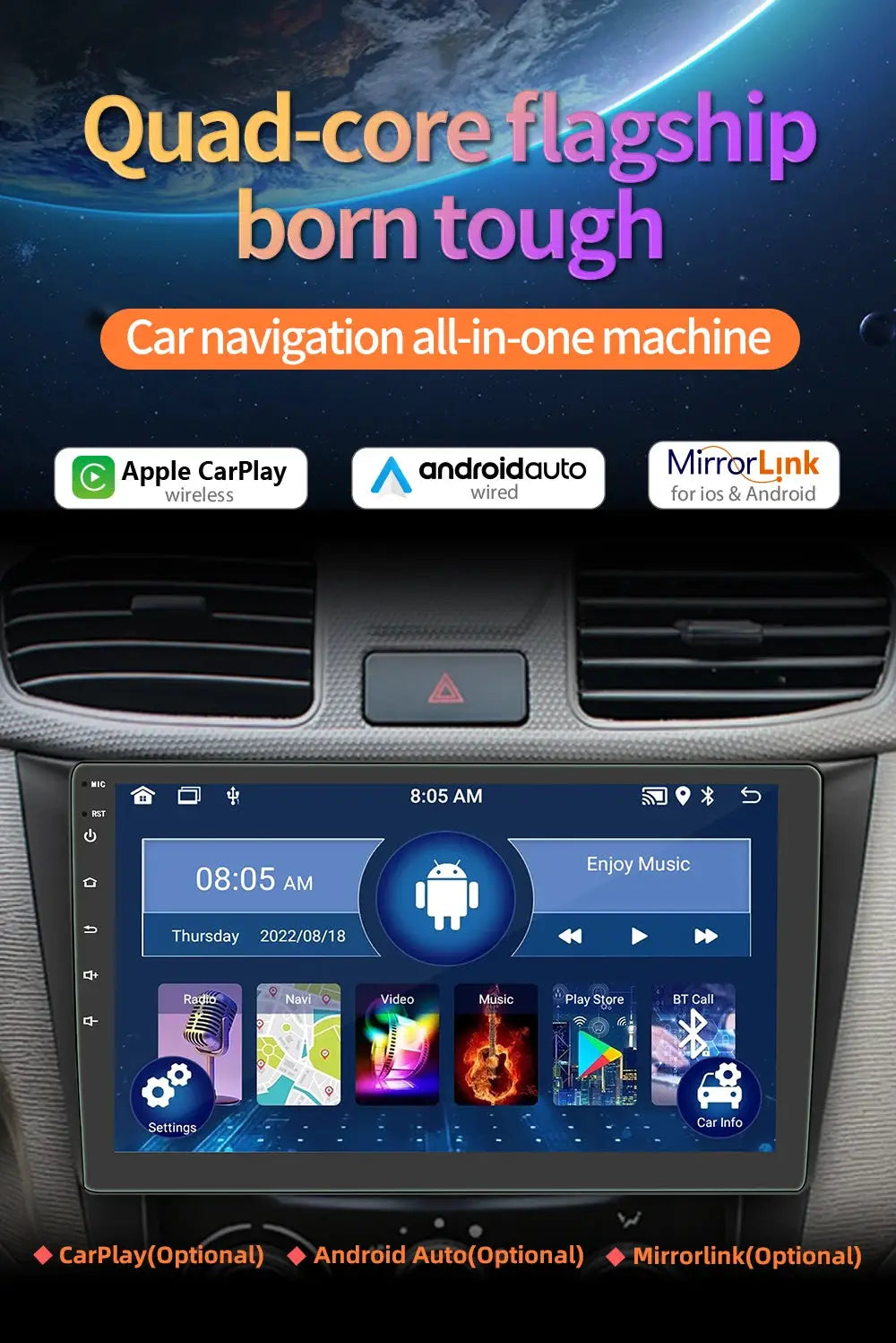 BQCC quad-core 2-Din car radio with Android Auto and CarPlay, 7–10 inch IPS touchscreen, WiFi Bluetooth.