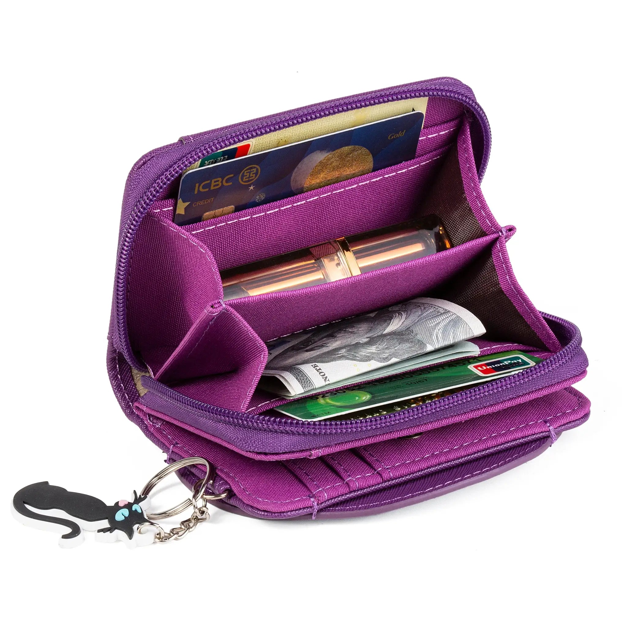 Caroline Sweet purple cartoon coin purse mini wallet with zipper and card slots.