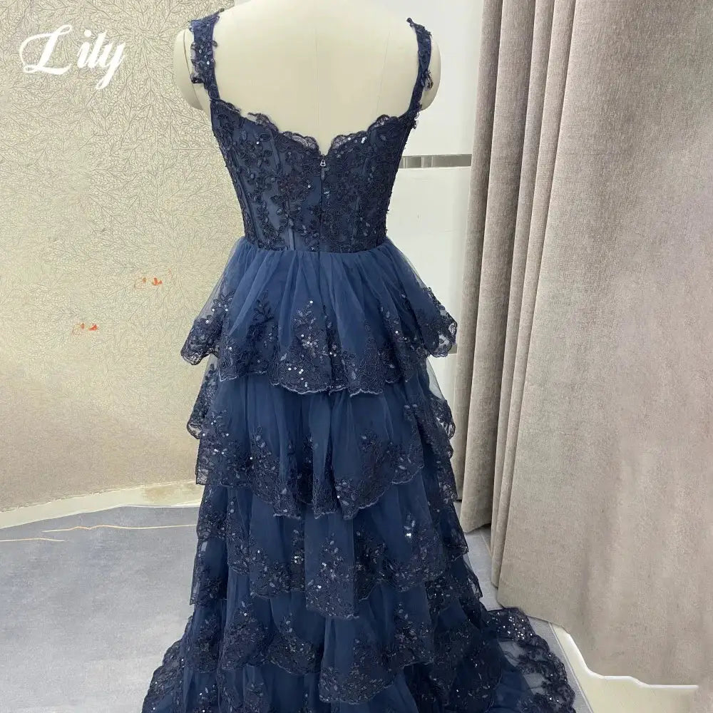Lily Navy Blue Sweetheart A Line Dress Tiered Pleats Spaghetti Strap