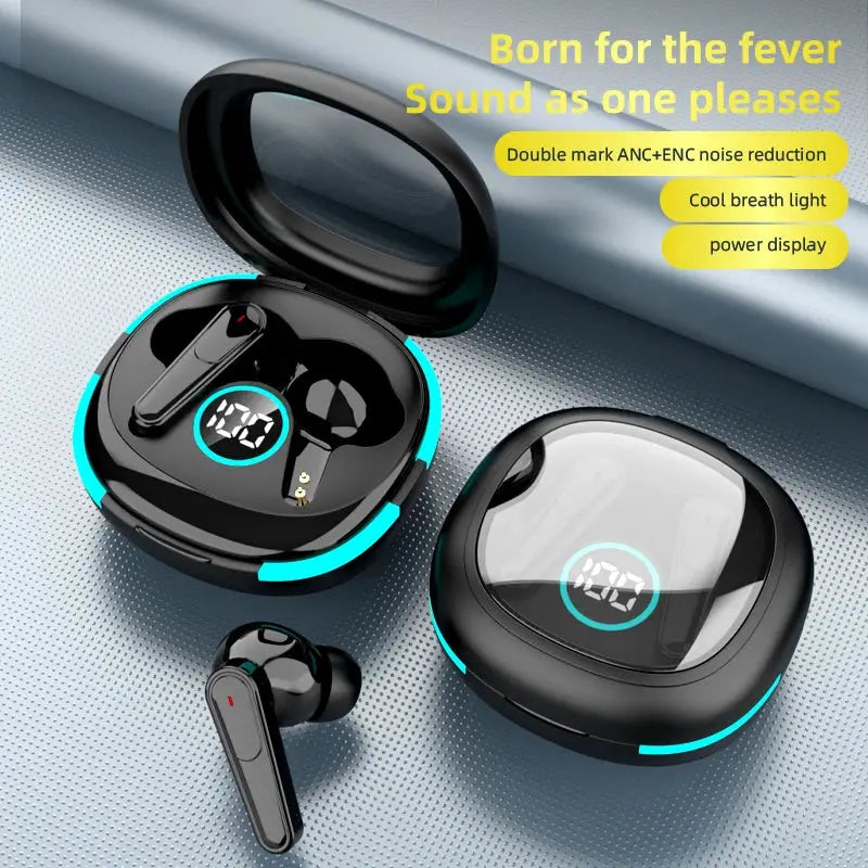 Plus50 ANC+ENC true wireless earphones with LED display; two black charging cases shown.