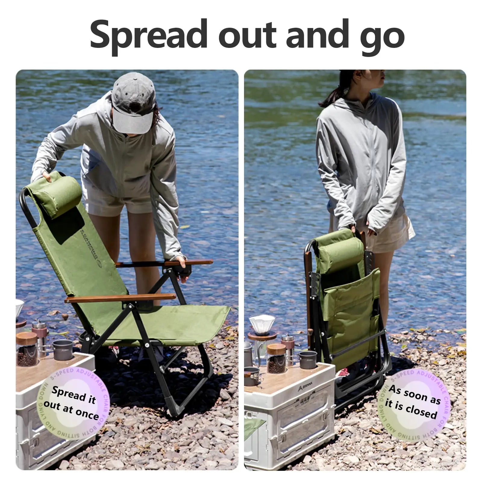 BISINNA camping folding chair with adjustable armrests and detachable pillow; green and portable for beach travel.