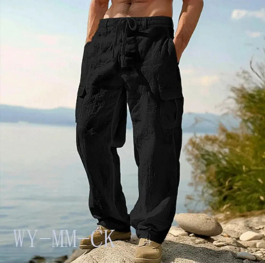 Simples Market men's black cotton-linen cargo trousers with multiple pockets, loose straight fit