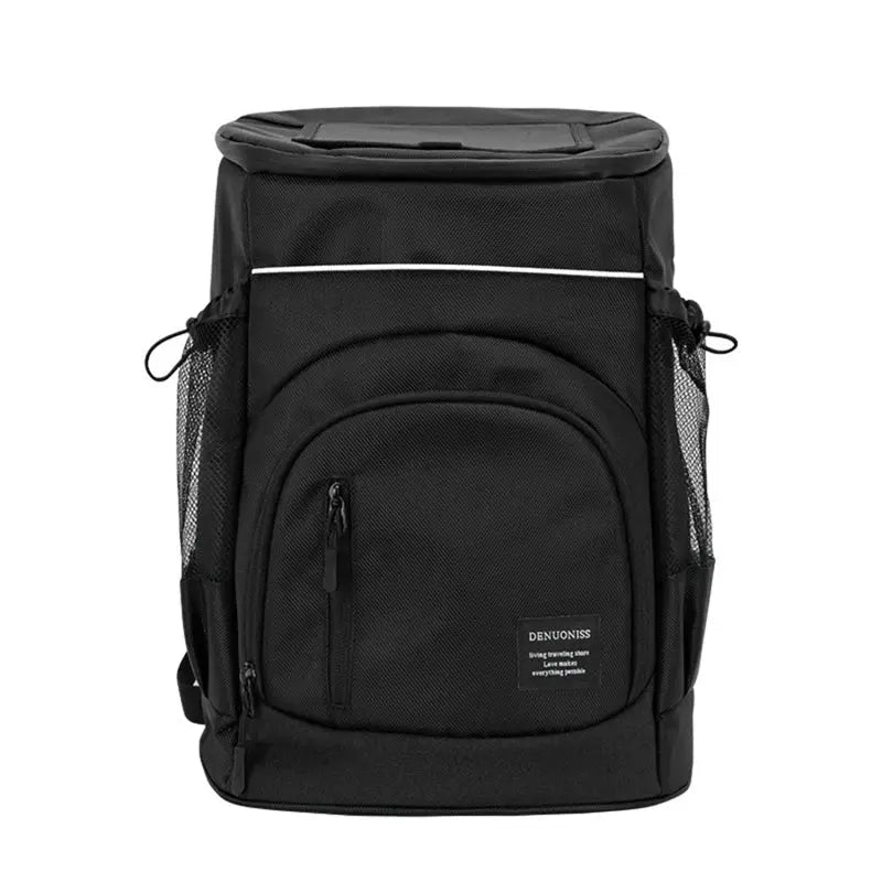 Insulated cooler backpack, black 30L by Simples Market with front zip pocket and side mesh pockets