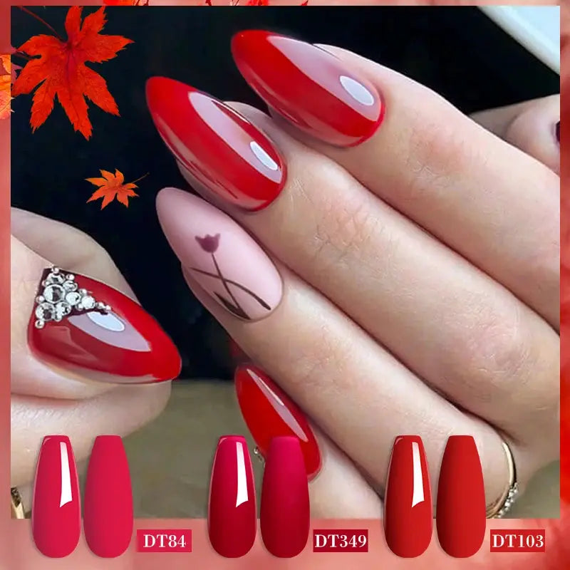 Gel nail polish set by Simples Market, 4 red shades with glitter; glossy red nails and nude accent with line art