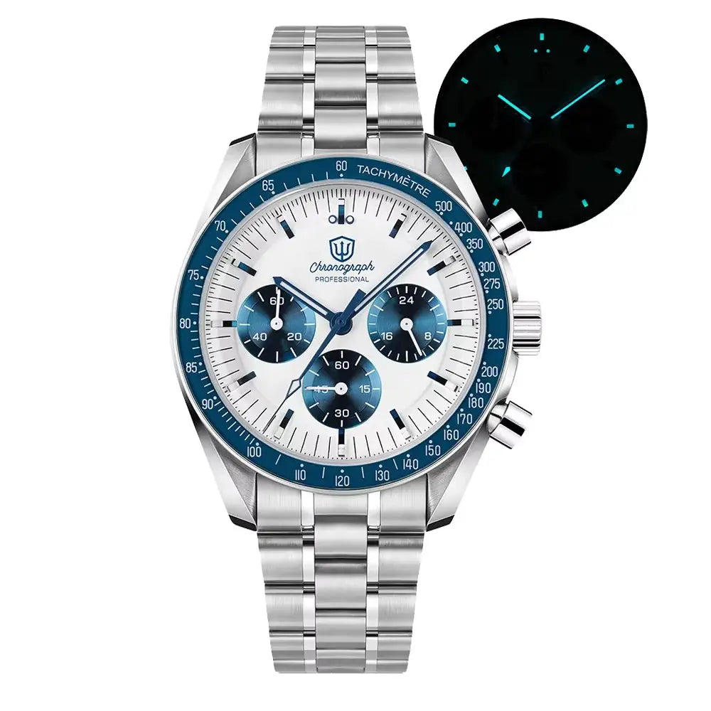 WD1863 quartz men's chronograph watch, 39mm, blue bezel, stainless steel band