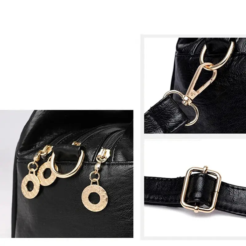 Women black leather multi-layer top-handle bag with gold-tone hardware and decorative charms