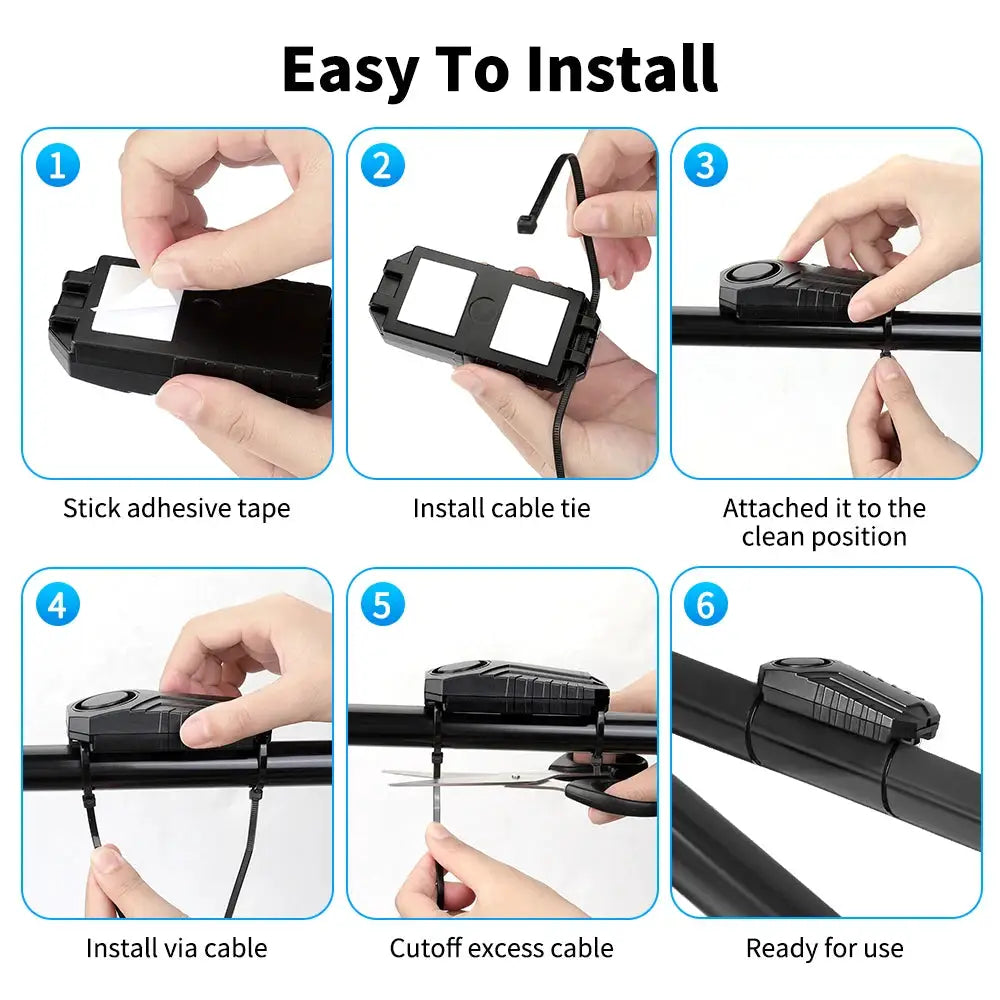 Randpow black wireless anti-theft alarm for motorcycle/bicycle, shown being installed with tape and cable ties