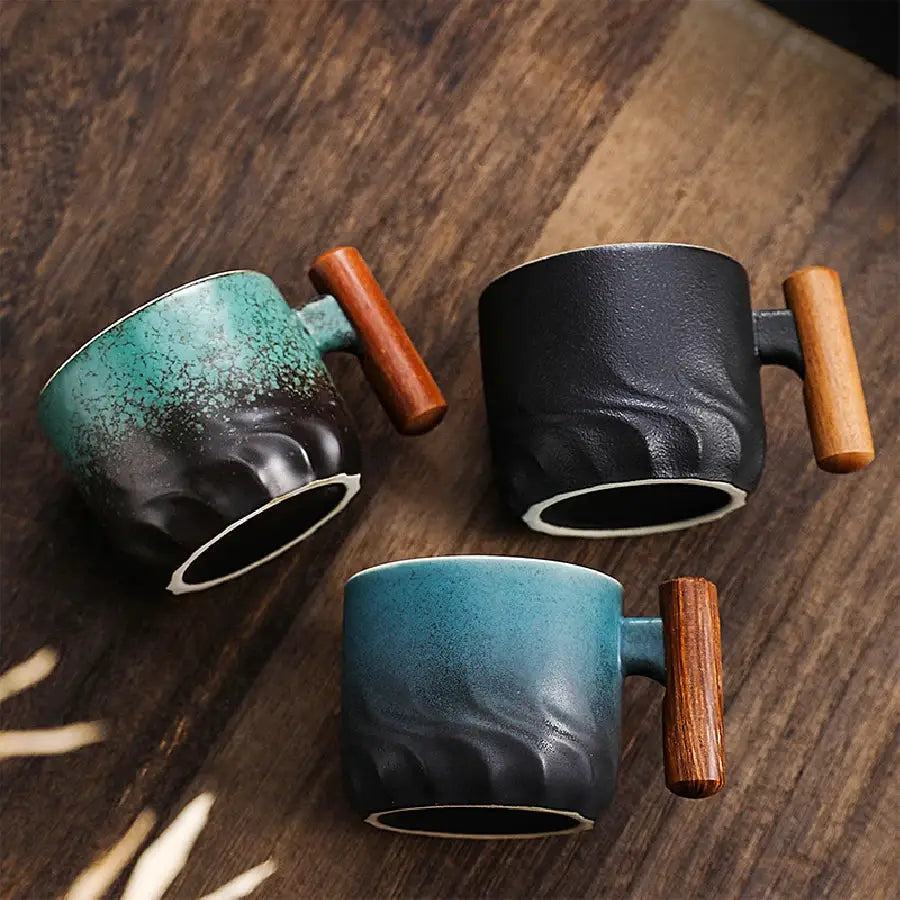 Creative Handmade Exquisite Vintage Coffee Cup With Wooden Handle Porcelain Mug For Home Kitchen Bar