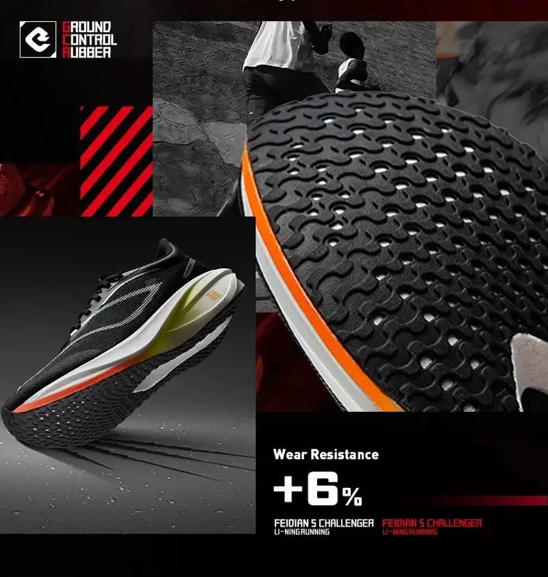 Li-Ning FEIDIAN 5 Challenger racing shoe, black/gray mesh with orange sole and carbon-fiber plate