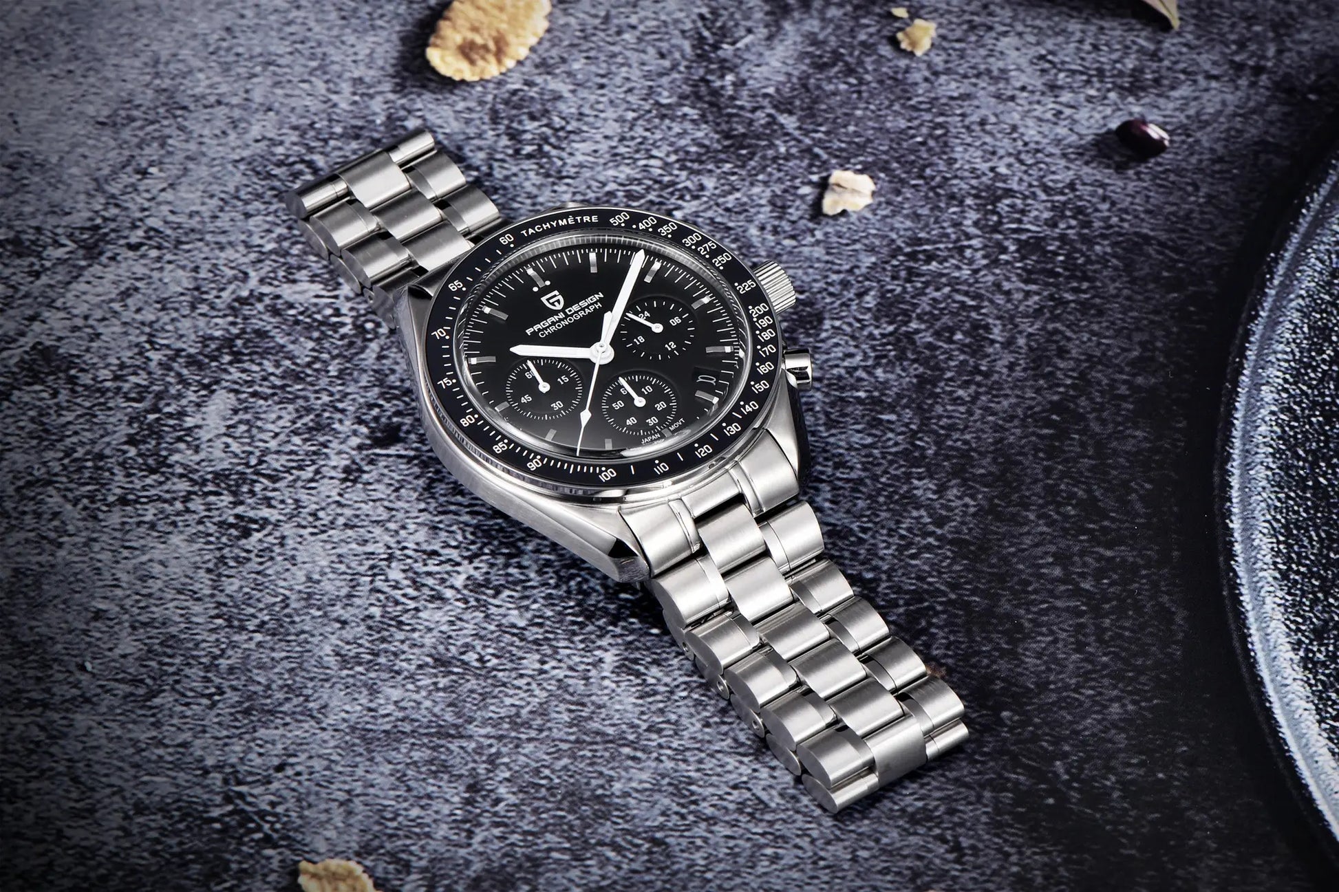 Pagani Design stainless steel chronograph watch with black dial, tachymeter bezel, AR sapphire, Japan Movt