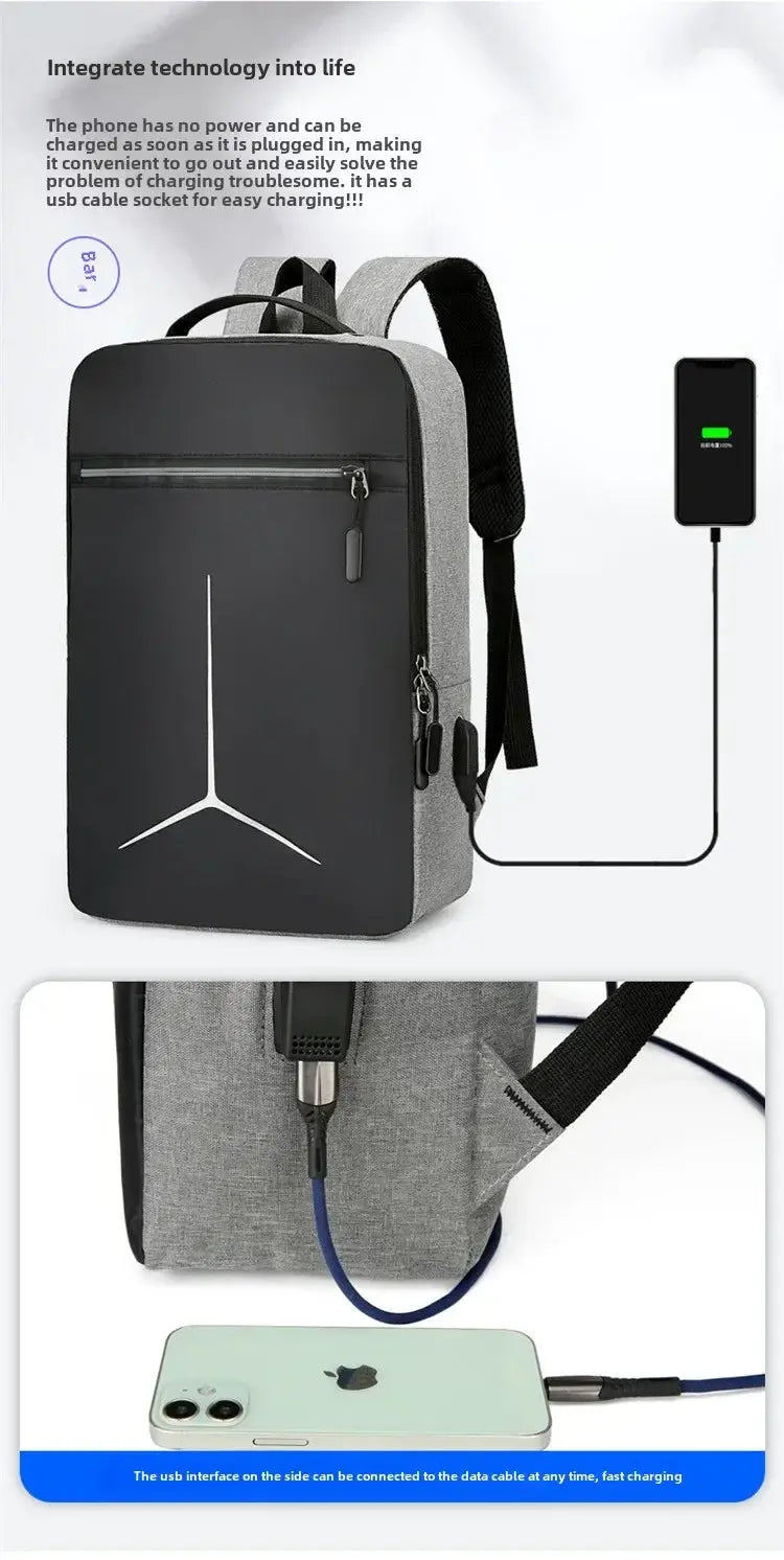 Simples Market anti-theft USB waterproof backpack in black/gray EVA shell with zip pocket and built-in USB charging.