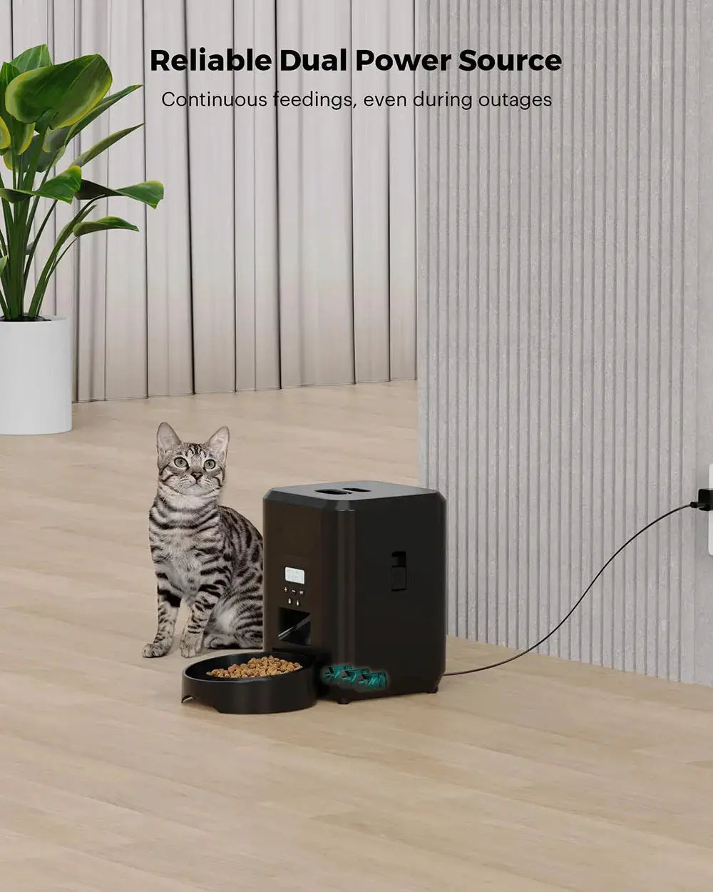 Smart pet feeder by Simples Market; black automatic cat/dog food dispenser with bowl of kibble.