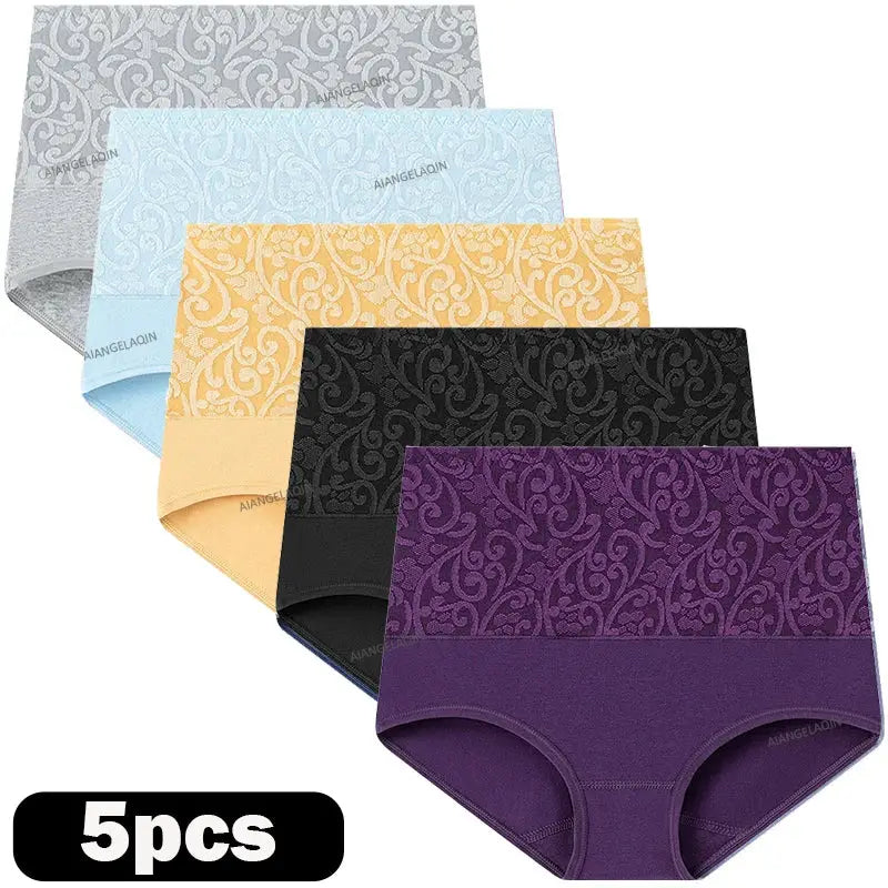 Plus-size cotton high-waist briefs set, 5pcs by Simples Market, in gray, light blue, peach, black and purple