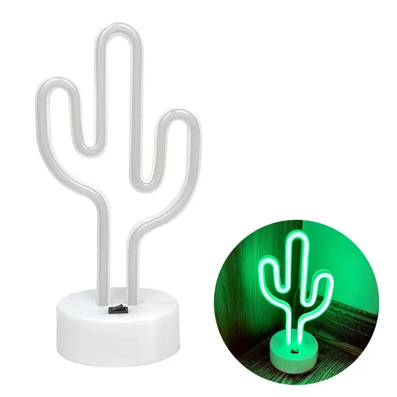 Cactus neon sign lamp, white LED cactus on a round white base with on/off switch; USB/battery powered