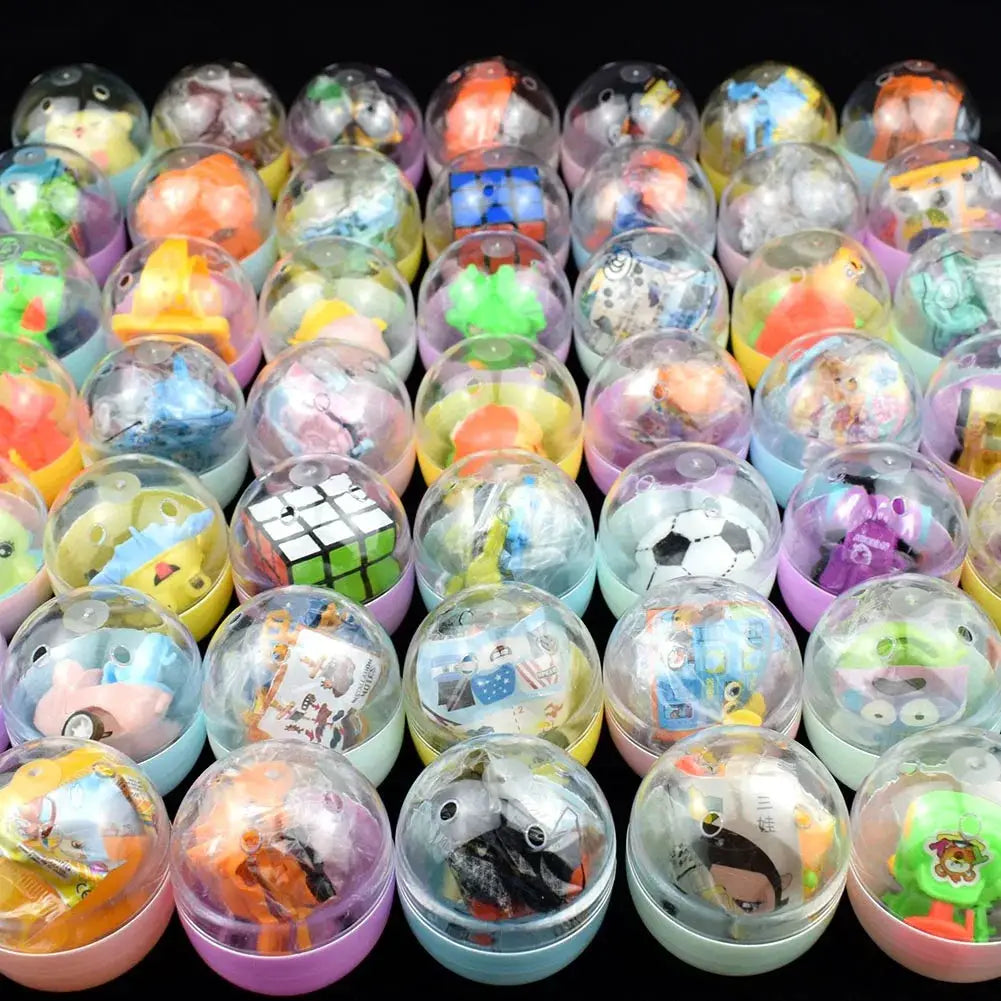 Gacha surprise blind capsules in candy-color pastel cups; dozens of capsules shown for kids' gifts