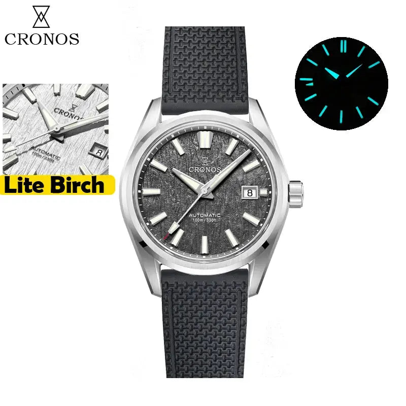 Cronos men's watch, 39mm, automatic Miyota 9015, white birch-pattern dial, stainless steel case, black strap, 10 ATM