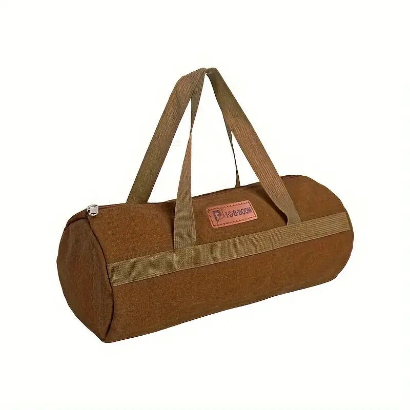  Camping Tools Storage Bag, large-capacity brown cylindrical tent stake organizer with beige handles, Simples Market.