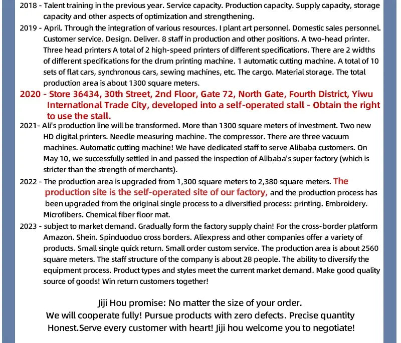 Text-heavy timeline page with yearly milestones 2018–2023, red section headings and dense paragraphs.