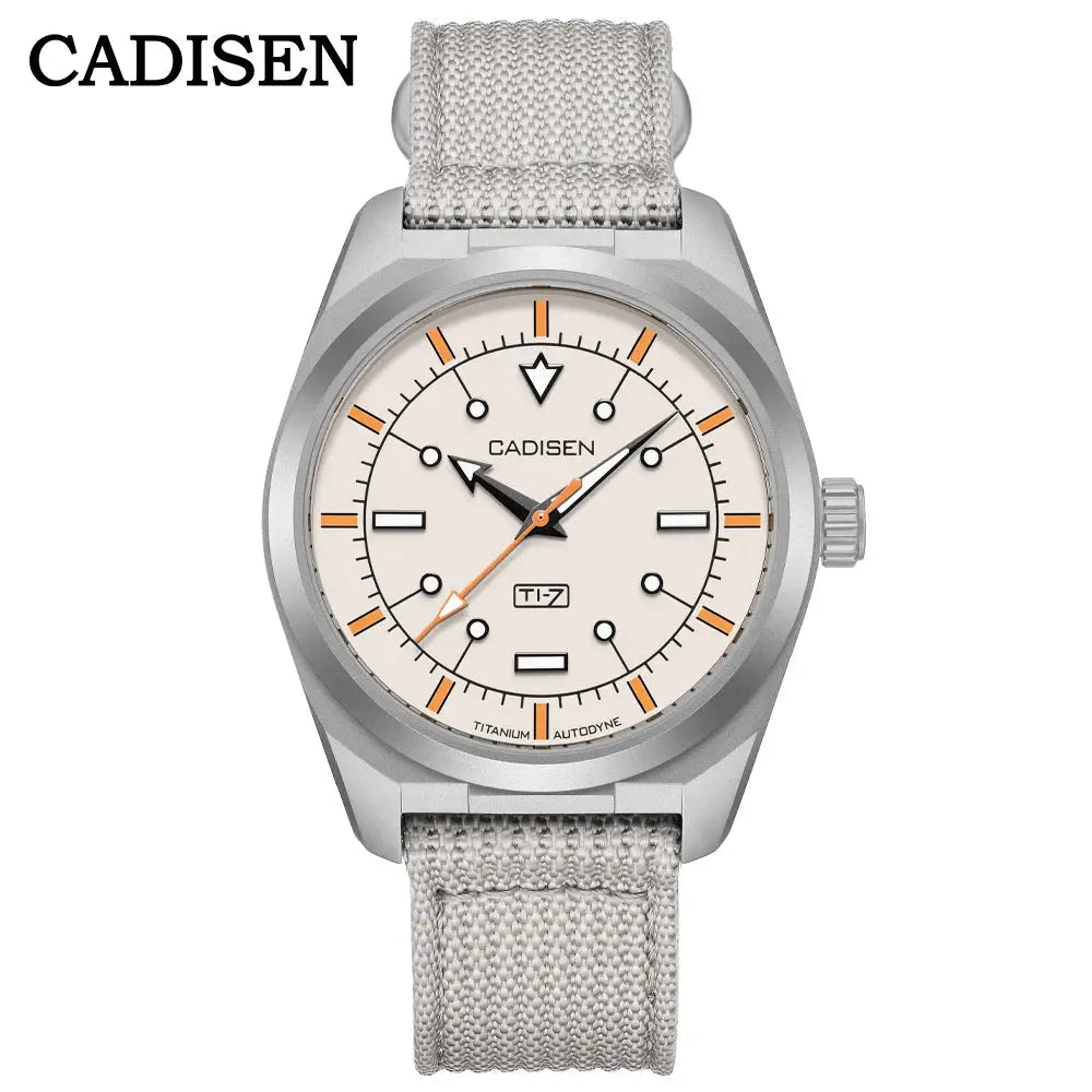 CADISEN TI-7 wristwatch with titanium-steel case, beige dial, orange markers, and grey canvas strap
