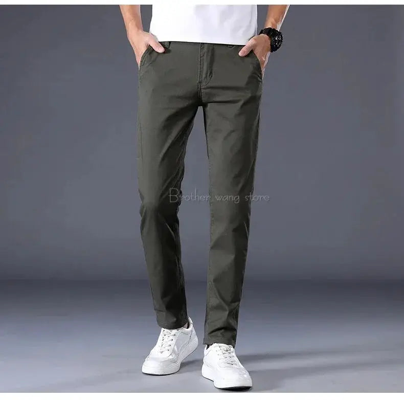 Simples Market men's cotton casual pants, olive green, straight slim-fit style