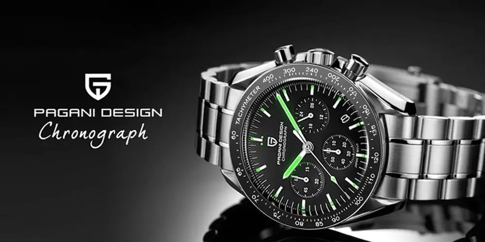 Pagani Design Chronograph men's watch with stainless steel bracelet, black dial, green luminous hands, tachymeter bezel.
