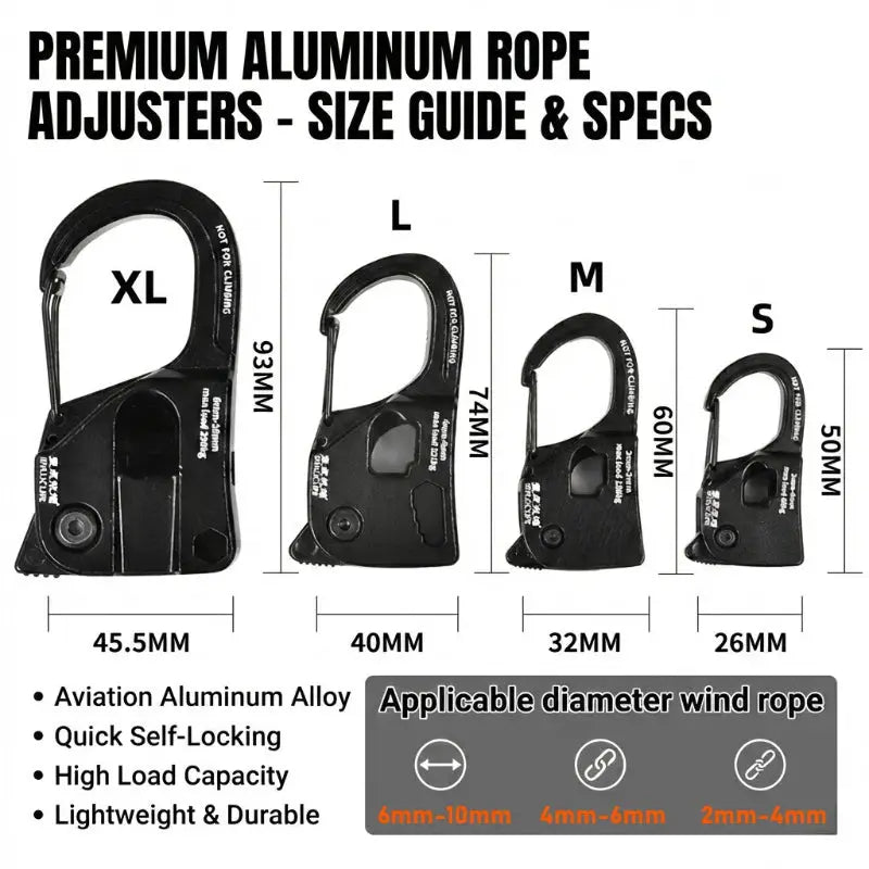 Aluminum rope tensioner set of four sizes (XL, L, M, S) by Simples Market, self-locking for 2-10mm ropes