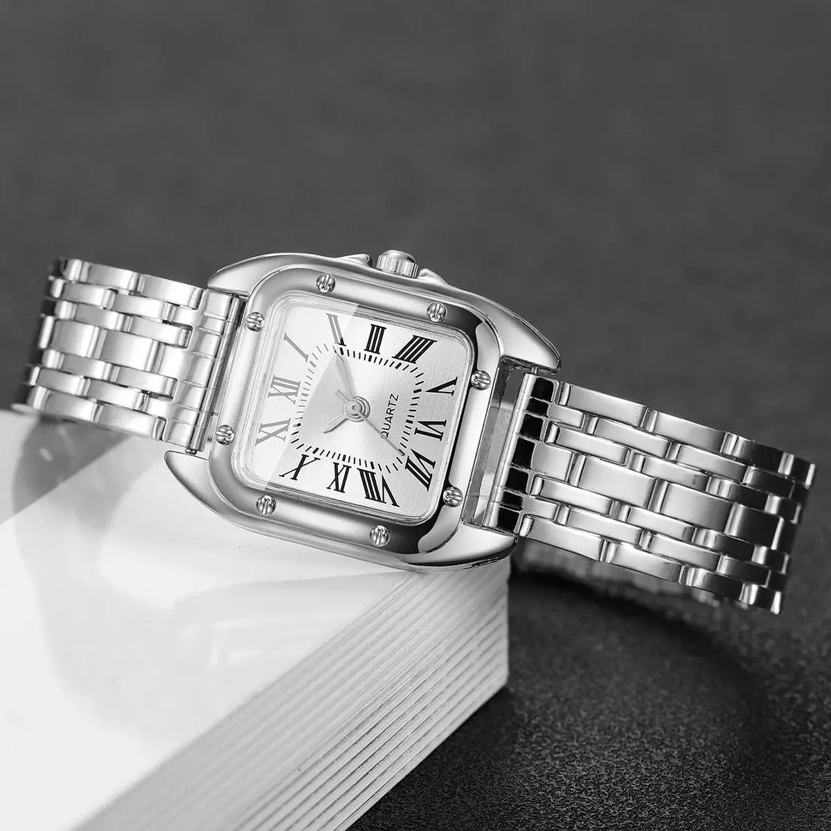 Luxury square women's quartz watch by Simples Market with stainless steel bracelet and Roman numeral dial