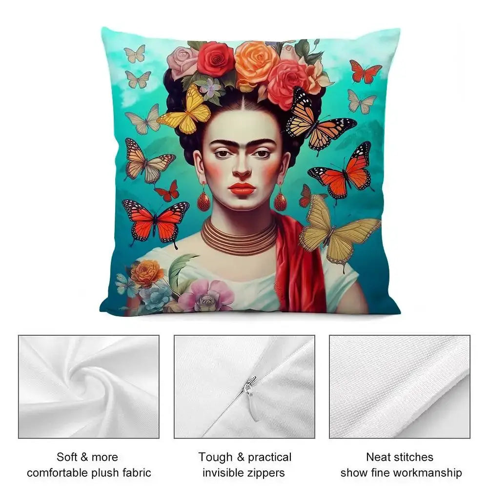 Frida Kahlo art pillow case, soft plush fabric, double-sided print, square throw pillow