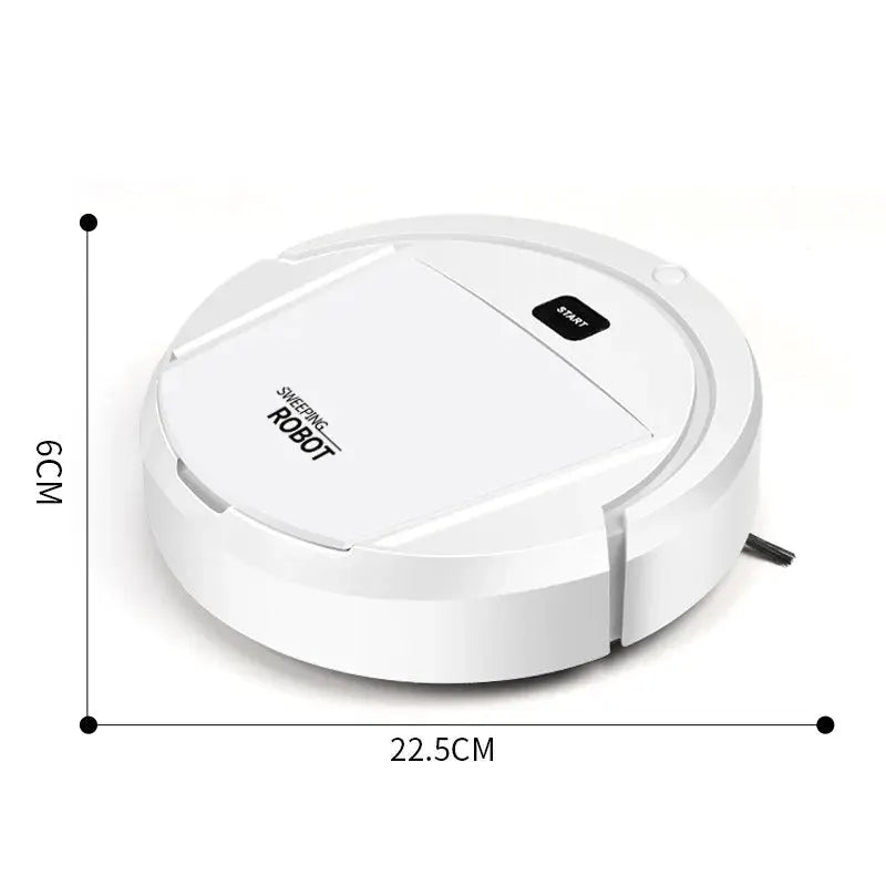 Automatic robot vacuum cleaner by Simples Market, white circular design with START button, 22.5 cm diameter